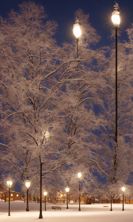A Snowy Park With Decorated Lamp Posts And A Soft Glow Of City Lights. Generative AIの素材