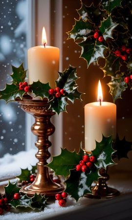 Holly And Ivy Beautifully Illuminated By Candlelight, Set Against A Snowy Window Backdro. Generative AIの素材