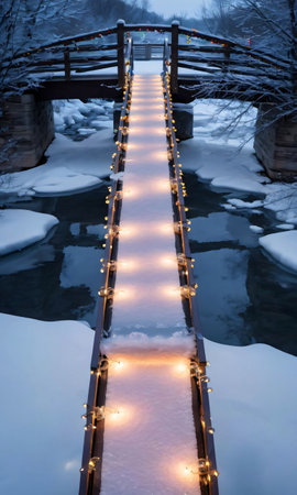 Christmas Lights Adorning A Snowy Bridge, Reflected In The Frozen River Below. Generative AIの素材