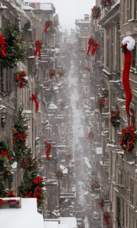 Christmas Decorations Adorning A Snowy Balcony, The Street Below Bustling With Holiday Shoppers. Generative AIの素材