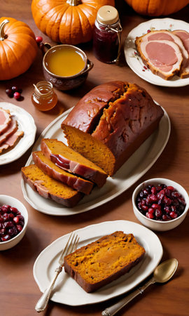 Thanksgiving Pumpkin Bread, Honey-Glazed Ham, And Cranberry Sauc. Generative AIの素材