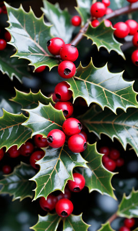 Photo Of Christmas Holly Branches With Red Berrie. Generative AIの素材