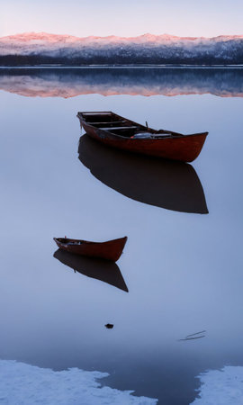 A Decorated Boat Floating On A Calm, Snowy Lake At Dawn. Generative AIの素材