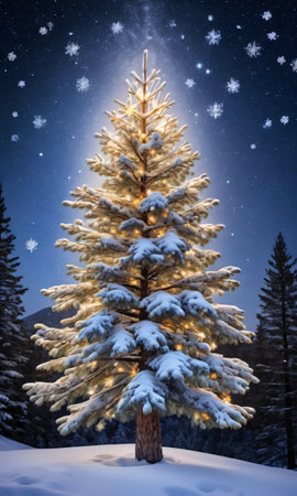 Snowflakes And Twinkling Lights Adorning A Snowy Pine Tree, Captured Under The Starry Night Sk. Generative AIの素材