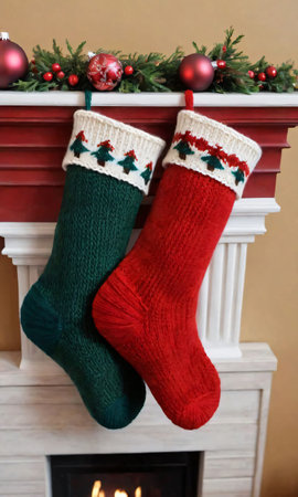 Photo Of Christmas Hand-Knit Christmas Stocking. Generative AIの素材