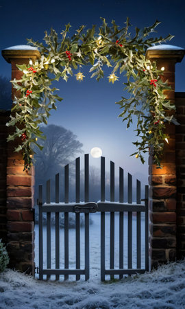 Mistletoe And Holly Adorning A Frosty Gate, Illuminated By The Soft Glow Of Moonligh. Generative AIの素材
