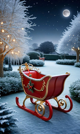 A Christmas Sleigh In A Garden, The Frosty Grass Sparkling In The Moonlight. Generative AIの素材