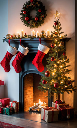 Christmas Stockings Hanging From A Mantle, The Room Lit By The Soft Glow Of A Nearby Christmas Tree. Generative AIの素材