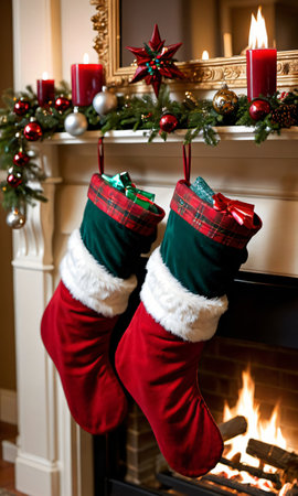 Photo Of Christmas Stockings Hanging By The Fireplac. Generative AIの素材