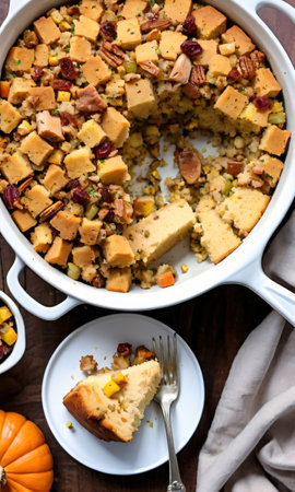Thanksgiving Cornbread Stuffing Paired With Sliced Turkey Breas. Generative AIの素材