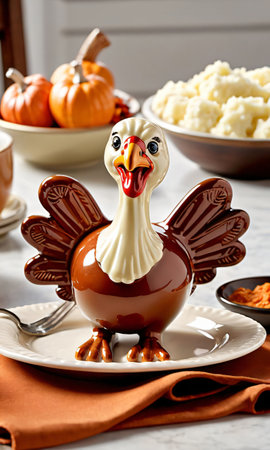 Thanksgiving Ceramic Turkey-Shaped Salt And Pepper Shakers With A Bowl Of Mashed Potatoe. Generative AIの素材