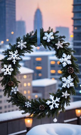 A Wreath And Snowflakes In The Soft Evening Light, With A Cityscape Backdro. Generative AIの素材