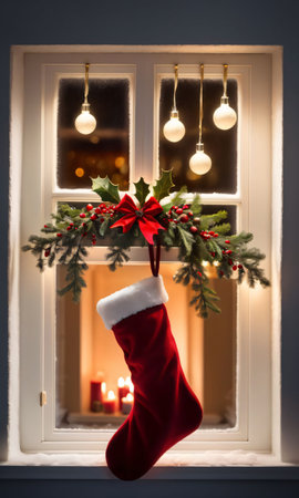 Christmas Stockings And Mistletoe Hanging Beside A Frosty Window, Under The Soft Glow Of House Light. Generative AIの素材