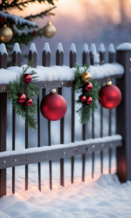 Christmas Decorations Adorning A Snowy Fence, Captured In The Soft Light Of Dawn. Generative AIの素材
