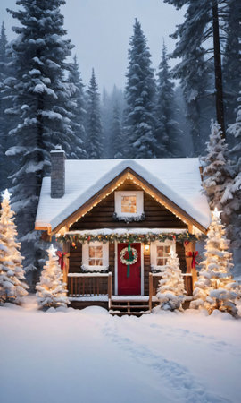 A Snowy Scene Featuring A Cozy Cabin Adorned With Twinkling Lights And Festive Ribbon. Generative AIの素材