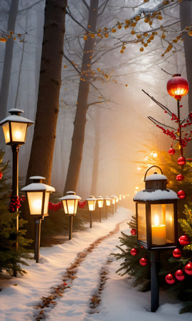 A Winter Forest Scene Featuring A Path Lined With Lanterns Casting A Warm, Golden Glowcandy Canes And Holly In A Misty Forest, With The Sunrise In The Backgroun. Generative AIの素材