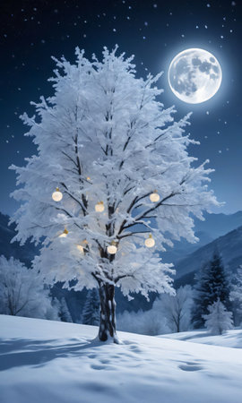 A Moonlit Winter Landscape With A Snow-Covered Tree Adorned With Glistening Ornament. Generative AIの素材