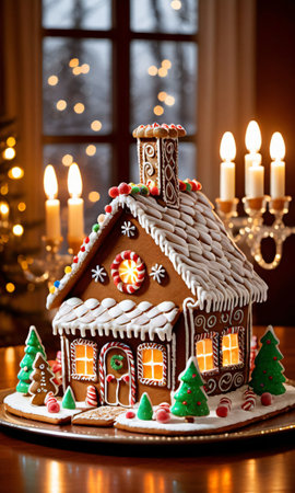 A Christmas Gingerbread House On A Table, The Room Illuminated By The Warm Light Of A Chandelier. Generative AIの素材