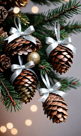 Photo Of Christmas Pinecone Decorations With Glitte. Generative AIの素材