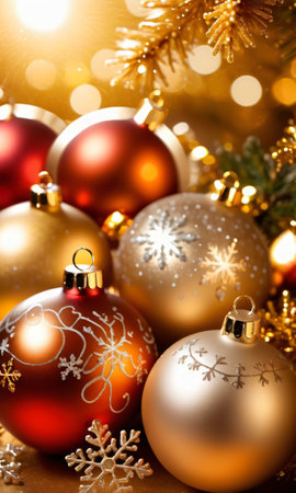 Christmas Baubles And Snowflakes Glistening Under The Warm Lighting Of A Golden Sunse. Generative AIの素材