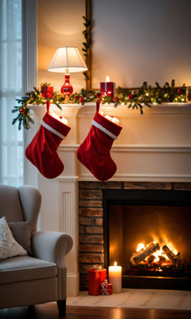 Christmas Stockings Hanging From A Mantle, The Room Lit By The Soft Glow Of A Nearby Lamp. Generative AIの素材
