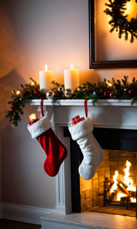 Christmas Stockings Hanging From A Mantle, The Room Lit By The Soft Glow Of A Nearby Window. Generative AIの素材
