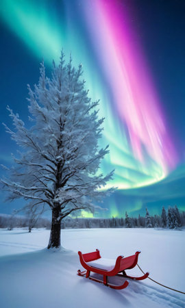 A Snowy Tree And Sled, Highlighted By The Ethereal Aurora Boreali. Generative AIの素材