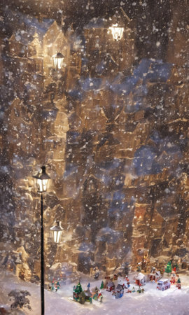 A Christmas Village Scene In A Snowy Window, The Street Outside Illuminated By Streetlights. Generative AIの素材