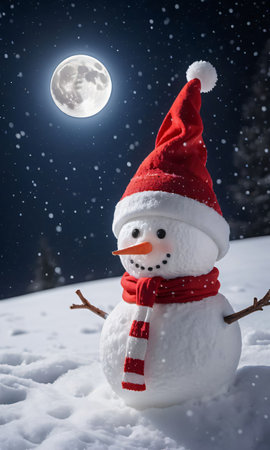 Snowman And SantaÃ¢ÂÂS Hat Amidst A Snowfall, Backlit By The Moo. Generative AIの素材