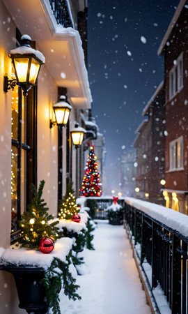 Christmas Decorations Adorning A Snowy Balcony, The Street Below Illuminated By Streetlights. Generative AIの素材