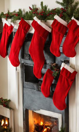 Christmas Stockings Hanging From A Mantle, The Room Lit By The Soft Glow Of A Nearby Window. Generative AIの素材