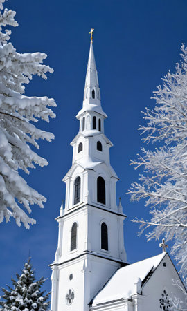 Photo Of Christmas Snow-Covered Church Steepl. Generative AIの素材