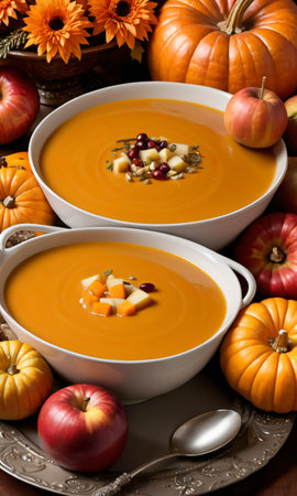Thanksgiving Cornucopia Overflowing With Apples Beside A Bowl Of Butternut Squash Sou. Generative AIの素材