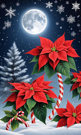 Poinsettia And Candy Canes In The Moonlight, With Falling Snowflake. Generative AIの素材
