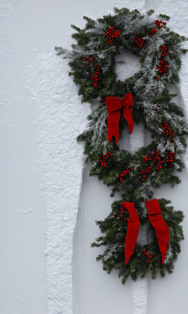 A Christmas Wreath On A Door, The Snowy Street Outside Captured At Dusk. Generative AIの素材