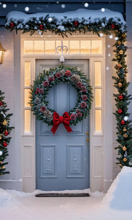 A Christmas Wreath On A Door, The Snowy Street Outside Captured At Dusk. Generative AIの素材