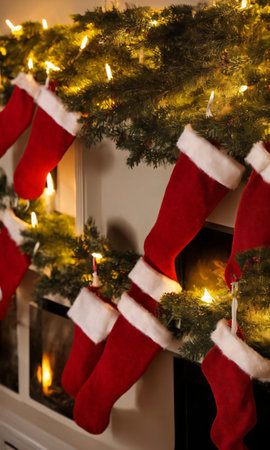 Christmas Stockings Hanging From A Mantle, The Room Lit By The Soft Glow Of A Nearby Star Decoration. Generative AIの素材