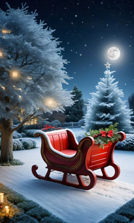 A Christmas Sleigh In A Garden, The Frosty Grass Sparkling Under The Moonlight. Generative AIの素材