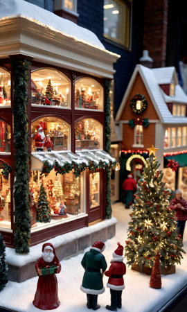 A Christmas Village Scene In A Store Window, The Street Outside Bustling With Holiday Shoppers. Generative AIの素材