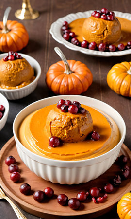 Thanksgiving Pumpkin Mousse With A Dish Of Turkey And Cranberry Meatball. Generative AIの素材