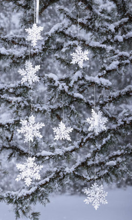 Christmas Ornaments Hanging From A Snowy Tree, Their Reflections Capturing The Starry Sky. Generative AIの素材