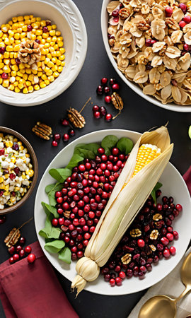 Thanksgiving Corn Husk Decorations With A Bowl Of Cranberry Walnut Sala. Generative AIの素材