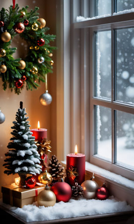 Christmas Decorations Adorning A Snowy Window Sill, The Room Inside Warmly Lit. Generative AIの素材