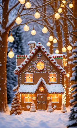 Gingerbread House And Snowy Trees Under The Golden Glow Of Fairy Light. Generative AIの素材