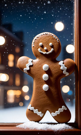 A Gingerbread Man And Snowy Window Silhouetted Against City Light. Generative AIの素材