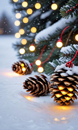Pine Cones And Christmas Lights Casting Reflections On The Snowy Groun. Generative AIの素材