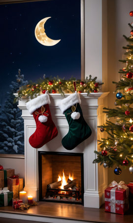 Christmas Stockings And The Glow Of A Fireplace, Under A Crescent Moo. Generative AIの素材