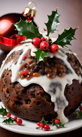 Photo Of Christmas Christmas Pudding With A Sprig Of Holl. Generative AIの素材