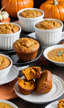 Thanksgiving Pumpkin Muffins Adjacent To A Bowl Of Turkey Noodle Sou. Generative AIの素材