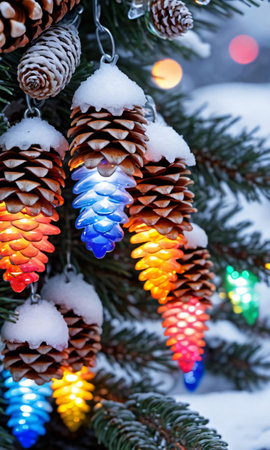 Pinecones And Icicles, Illuminated By Multicolored Christmas Light. Generative AIの素材